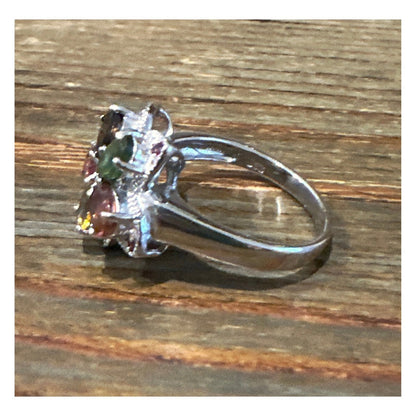 Size 8 Tanzanite, Citrine, Rhodolite, Peridot Flower Ring in .925 Sterling Silve