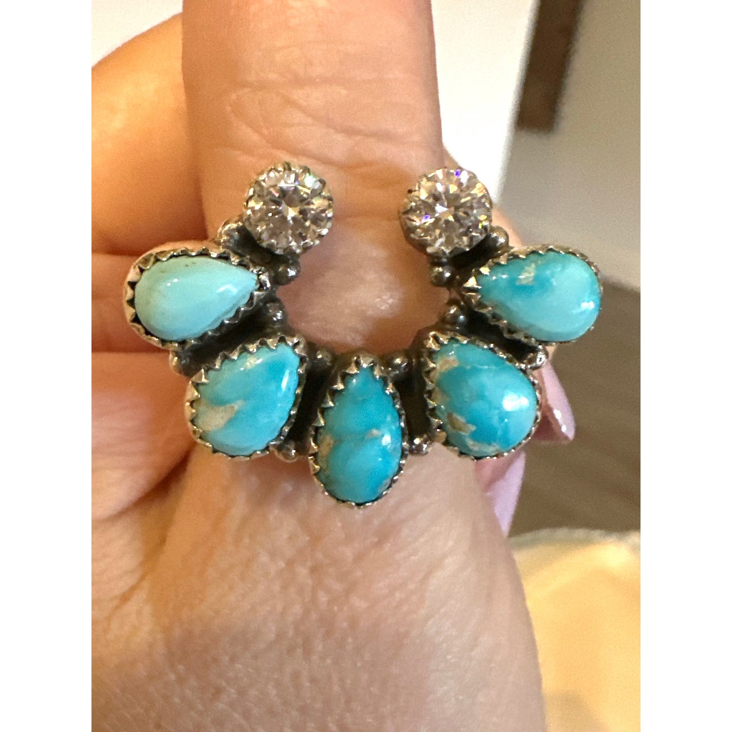 Bluebird Turquoise & Genuine Moissanite Diamond Naja Southwestern Ring Adjustable