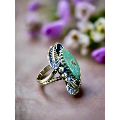 Mohave Oval Leaf Dots Motif Sterling Silver Ring Size 7