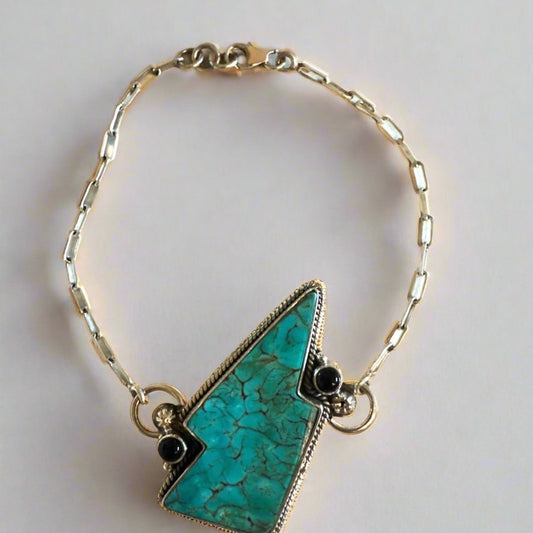 Turquoise Lightening Bolt Paper Clip Sterling Silver Bracelet 7”