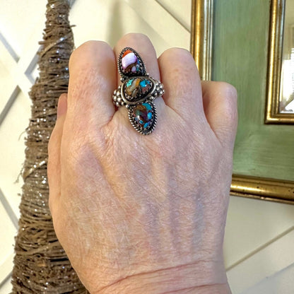 Spiny Oyster Pink Dahlia Turquoise Three Stone Long Ring 8.5