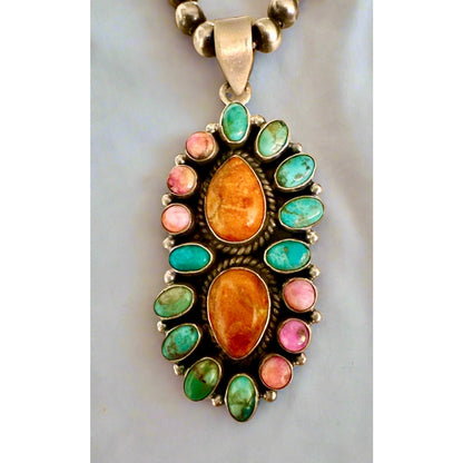 Blue turquoise orange spiny oyster pink Dahlia pendant 2.25”
