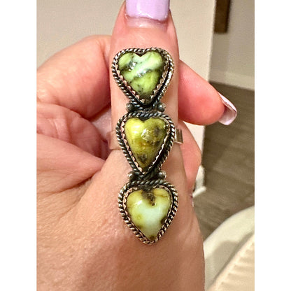 Three Stone Palomino Light Green Turquoise Hearts Ring Adjustable 5-11
