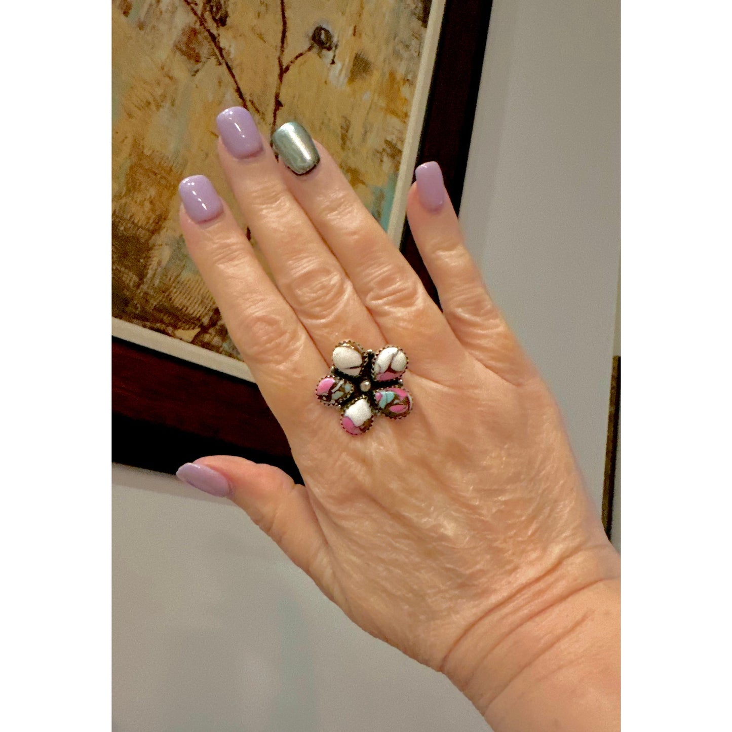 Cotton Candy Teardrop Cluster Flower Ring Size 6-10 Adjustable