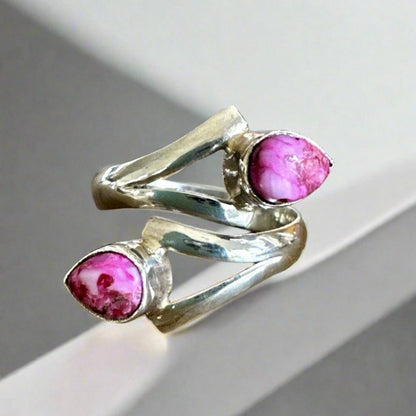 Pink Rose Dahlia Kingman Turquoise Bypass Ring Size 7