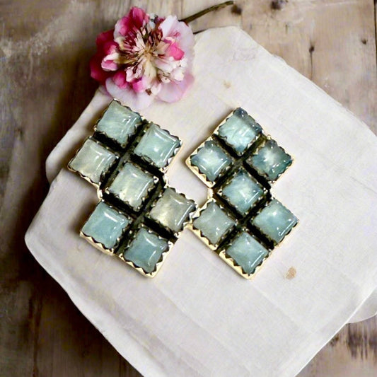 Chalcedony Square Cluster Geometric Sterling Silver Earrings 1”