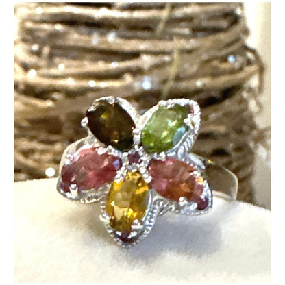 Size 8 Tanzanite, Citrine, Rhodolite, Peridot Flower Ring in .925 Sterling Silve