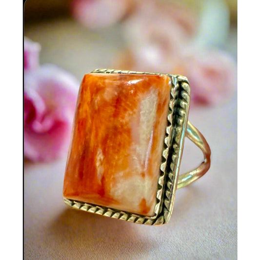 Spiny Oyster Square Southwestern Sterling Silver Ring 7.5