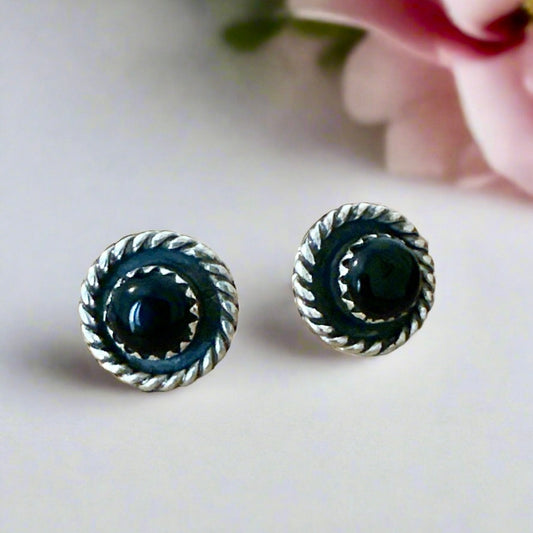 Onyx .925 Sterling Silver Round  Stud Earrings