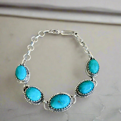 Turquoise Five Stone Sawtooth Sterling Silver Bracelet Adjustable 7”