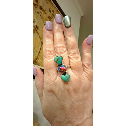Kingman Turquoise & Pink Spiny Oyster Three Stone Ring Adjustable 925