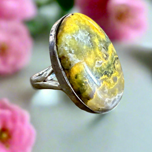 Large Bumblebee Jasper statement ring .925 sterling silver size 7.