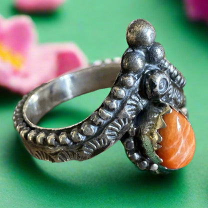 Orange Spiny Oyster Chevron Southwestern .925 Ring Size 10
