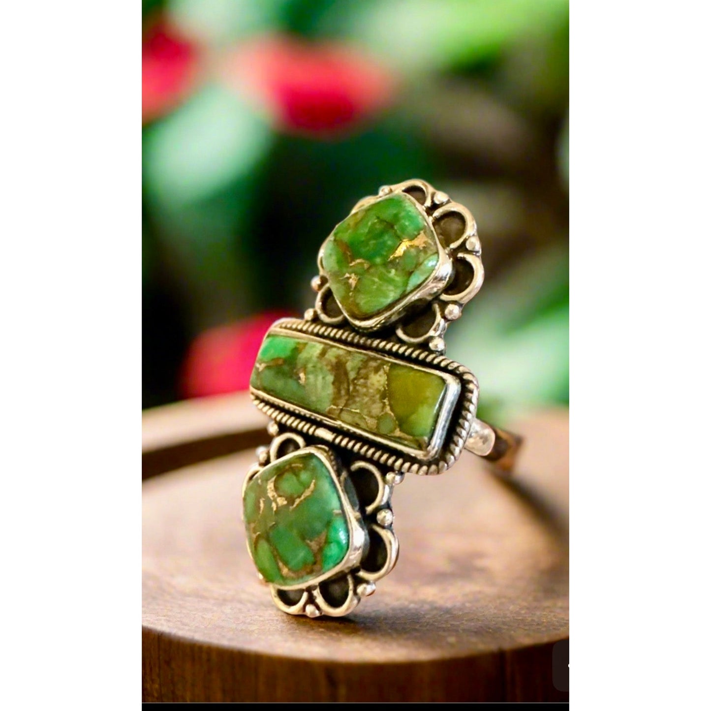 Copper Green Turquoise Three Stone Sterling Size Adjustable