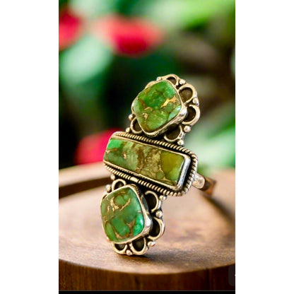 Copper Green Turquoise Three Stone Sterling Size Adjustable