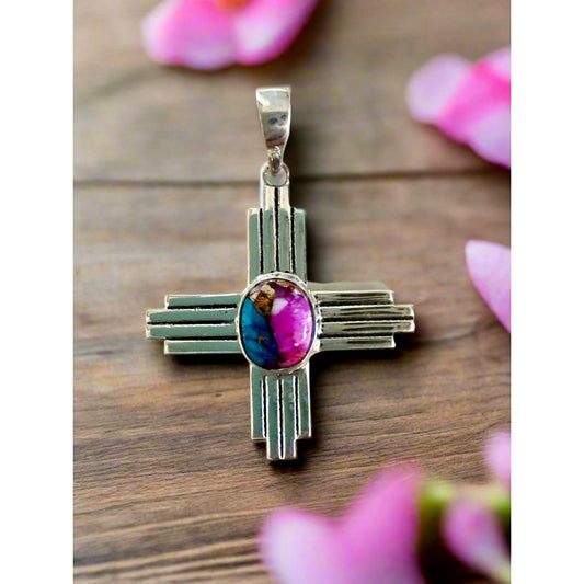 Spiny Oyster Zia Pendant Sterling Silver 1.75” long