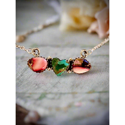 Sonoran Gold Turquoise & Rose Dahlia Heart Necklace 16-18”