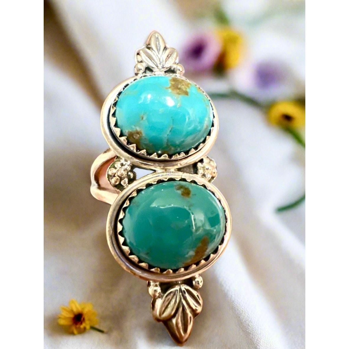 Kingman Turquoise Two Stone Southwestern Ring Size 6