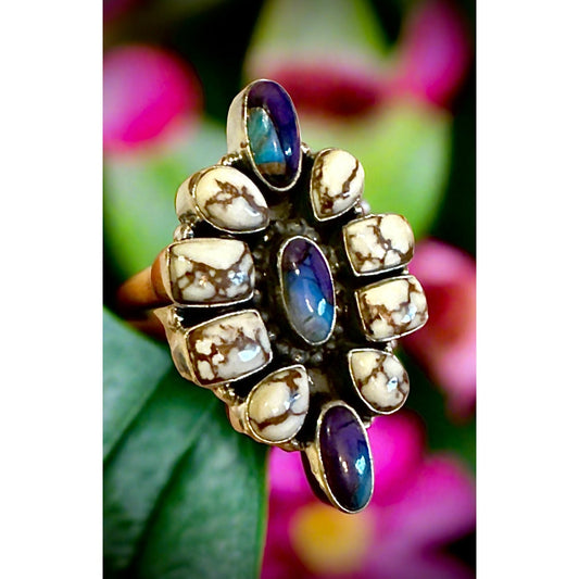 Violet Blue Dahlia Turquoise Oyster Wild Horse Cluster Ring Adjustable 5-12