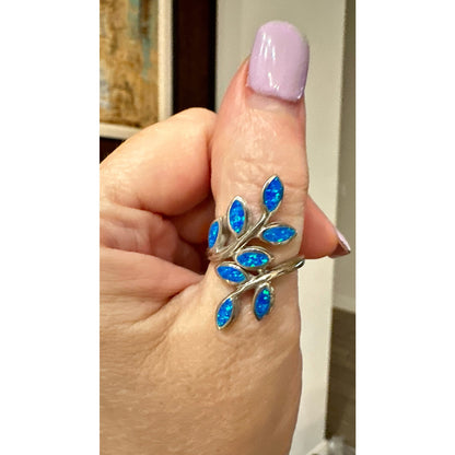 Balloon Blue Opal Leaf Climber Sterling Silver Ring Size 7