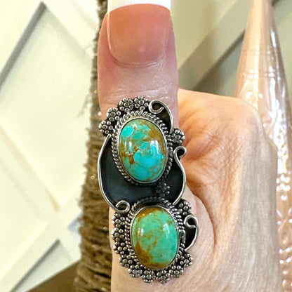 Mohave Turquoise Two Stone Sterling Silver Ring Size 7