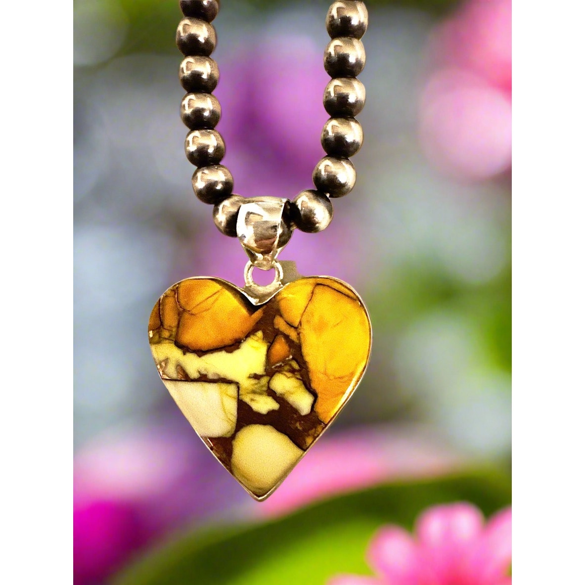 Honey Dahlia Turquoise Heart Sterling Southwestern Pendant 1.25”