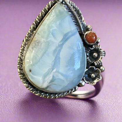 Larimar & Italian Coral southwestern Ring .925 Size 8.5