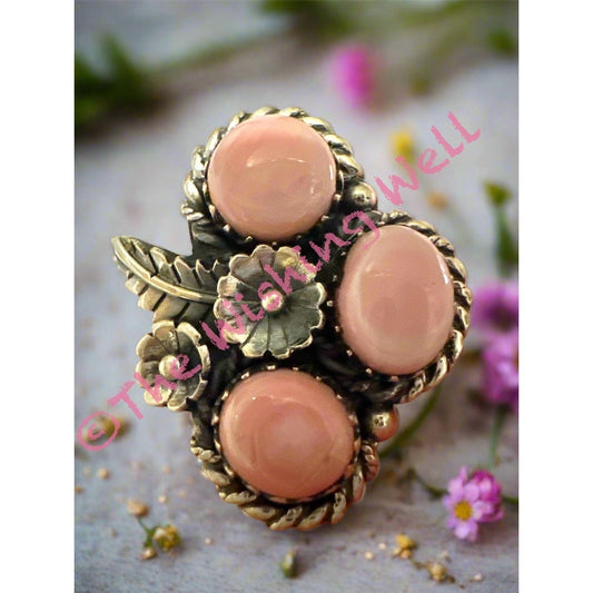Queen Conch Pink Three Stone | Sterling Silver Ring | Size 8