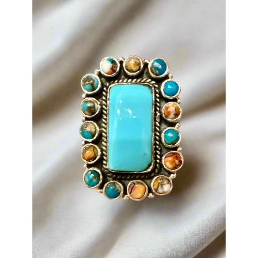 Turquoise & Spiny Oyster Rectangle Southwestern Ring Adjustable 5-12