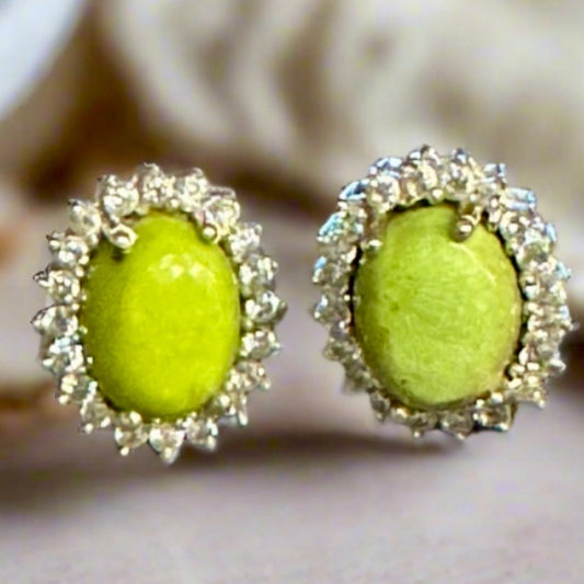 Stunning Green Turquoise & Sapphire Oval Stud Earrings Rare
