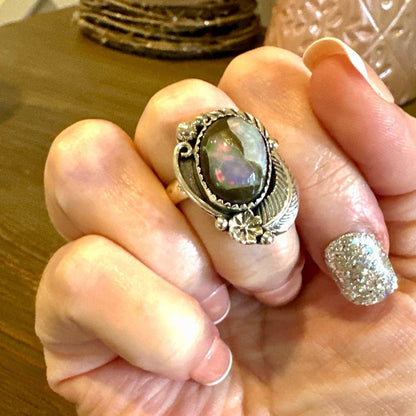 Galaxy Opal Leaf Floral Sterling Silver Ring Size 8