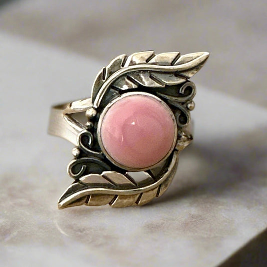 Pink Conch Leaf Design Southwestern .925 Sterling Ring Size 8.5
