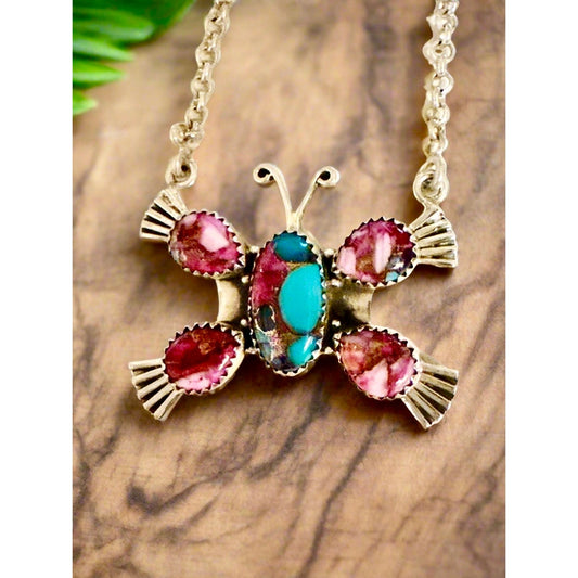 Pink Spiny Oyster Butterfly Sterling Silver Adjustable Necklace 18”