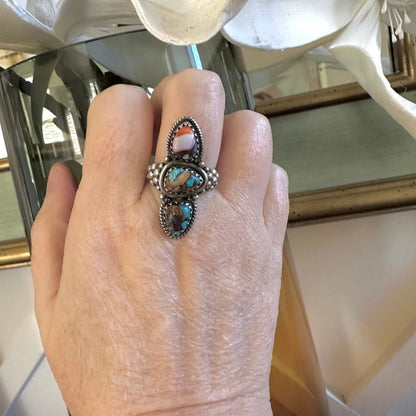 Spiny Oyster Pink Dahlia Turquoise Three Stone Long Ring 8.5