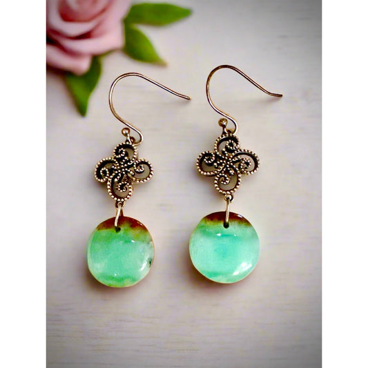 Green Brown Chrysoprase Round Dangle Sterling Silver Earrings 2” Long