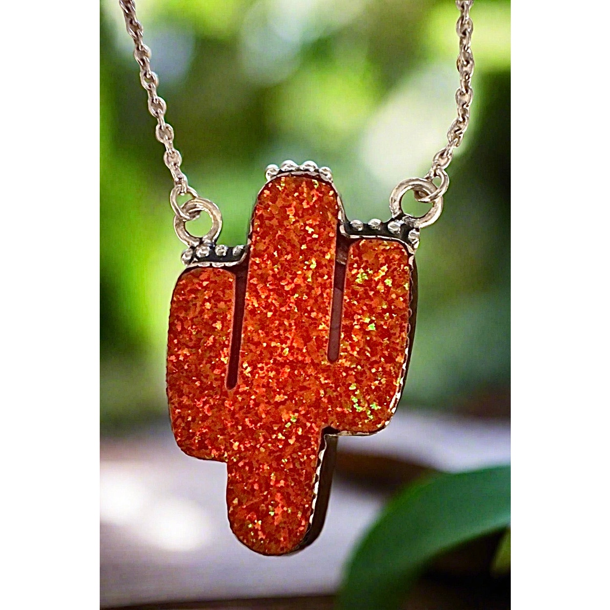 Balloon Orange Opal Cactus Necklace Sterling Silver Adjustable 18-20