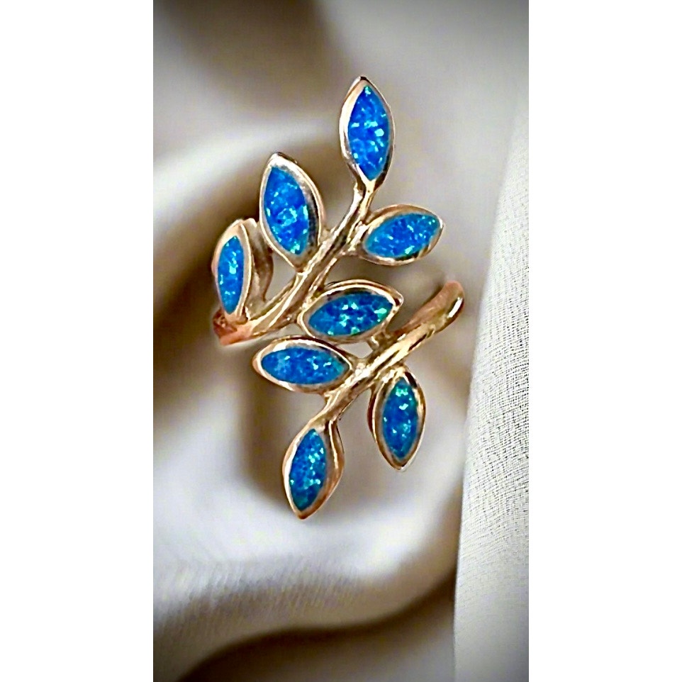 Balloon Blue Opal Leaf Climber Sterling Silver Ring Size 7