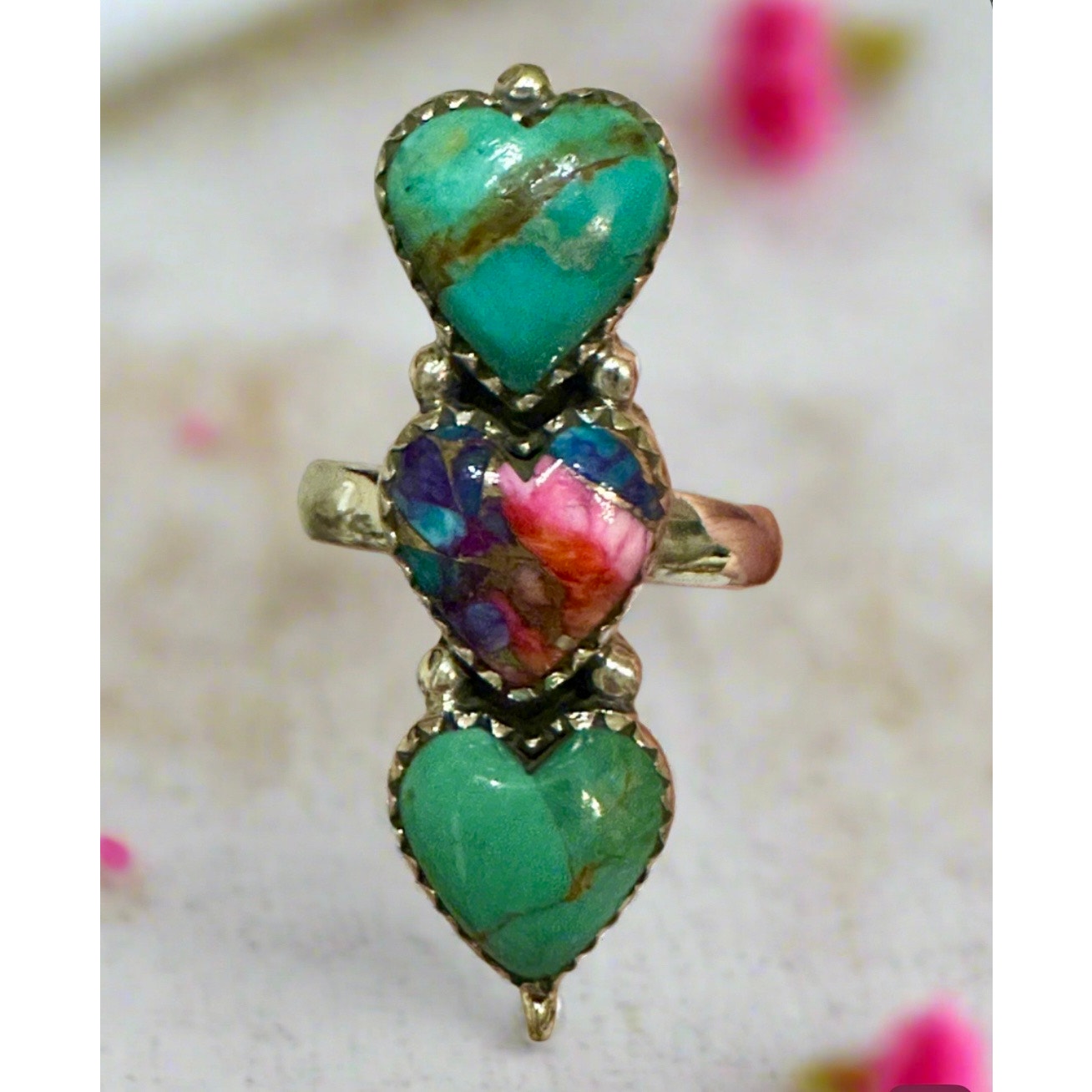 Kingman Turquoise & Pink Spiny Oyster Three Stone Ring Adjustable 925