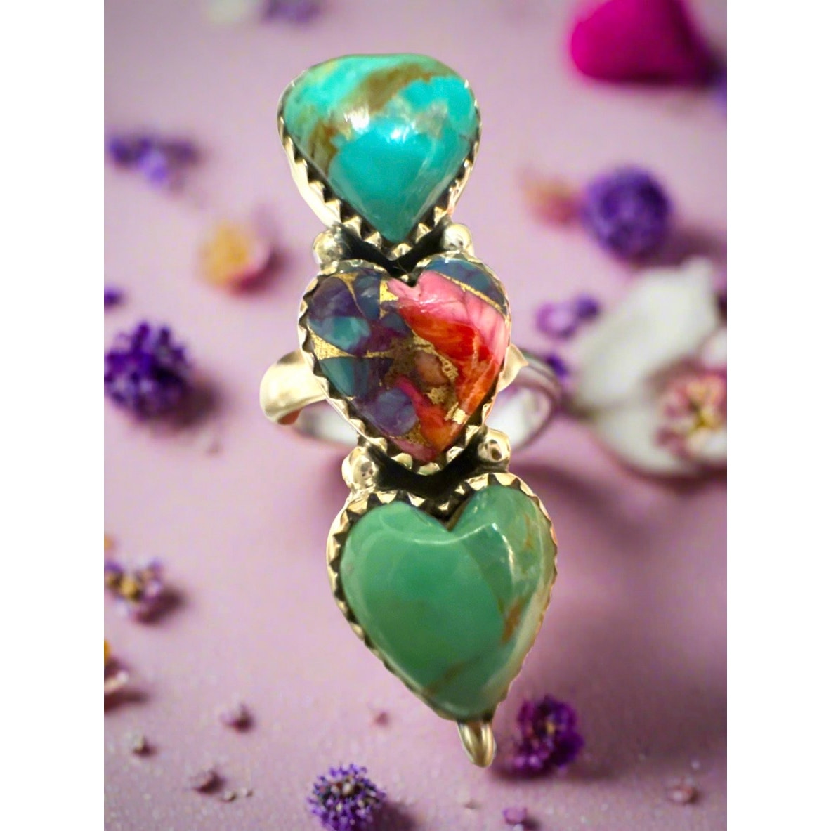 Kingman Turquoise & Pink Spiny Oyster Three Stone Ring Adjustable 925
