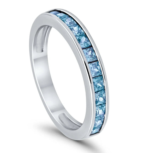 Half Eternity Band Wedding Ring Simulated Aquamarine CZ 925 Sterling Silver.