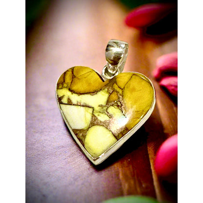 Honey Dahlia Turquoise Heart Sterling Southwestern Pendant 1.25”