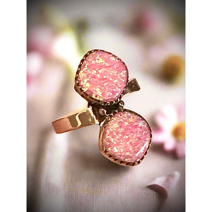 Pink Fire Aurora Opal Two Stone Ring Sterling Size 6-10