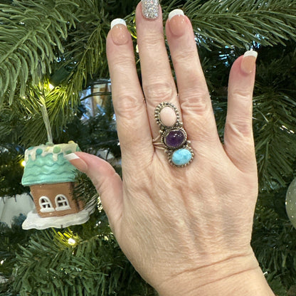 Larimar, Pink Opal & Amethyst Southwestern .925 Ring Size 8