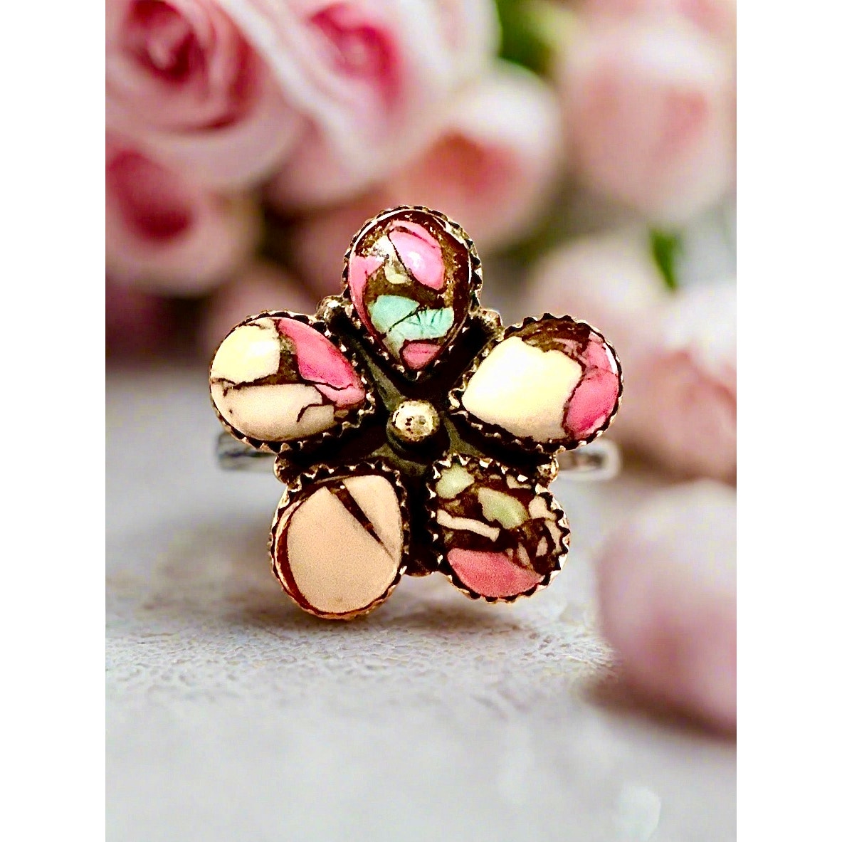 Cotton Candy Teardrop Cluster Flower Ring Size 6-10 Adjustable