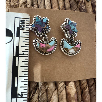 Cotton Candy Turquoise Star Moon Dangle Earrings 1”