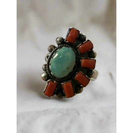 Green Kingman Turquoise & Italian Coral Ring Size 7