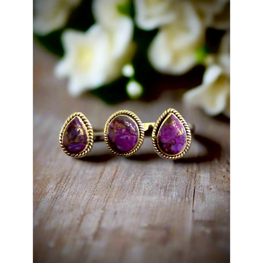 Unique Purple Copper Turquoise Double Finger Teardrop Sterling Silver Ring 8-9