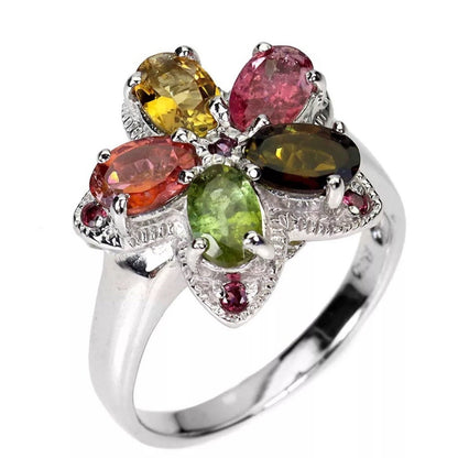 Size 8 Tanzanite, Citrine, Rhodolite, Peridot Flower Ring in .925 Sterling Silve