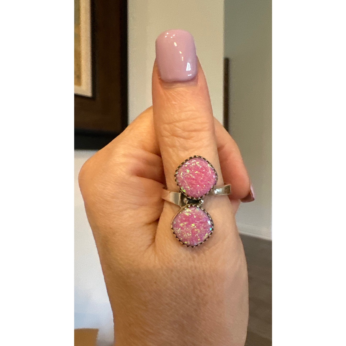 Pink Fire Aurora Opal Two Stone Ring Sterling Size 6-10
