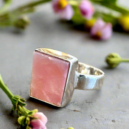 Rough Pink Opal Square Sterling Silver Ring Size 7